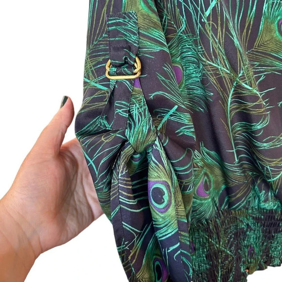 MICHAEL Michael Kors Peacock Print Blouse Ruched Waist Strappy Arms Size Medium - Picture 4 of 9